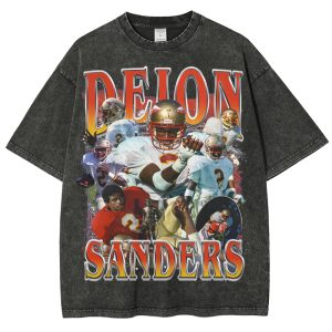 Men's Deion Sanders Retro Football Legend Graphic Vintage Washed Loose T Shirt
