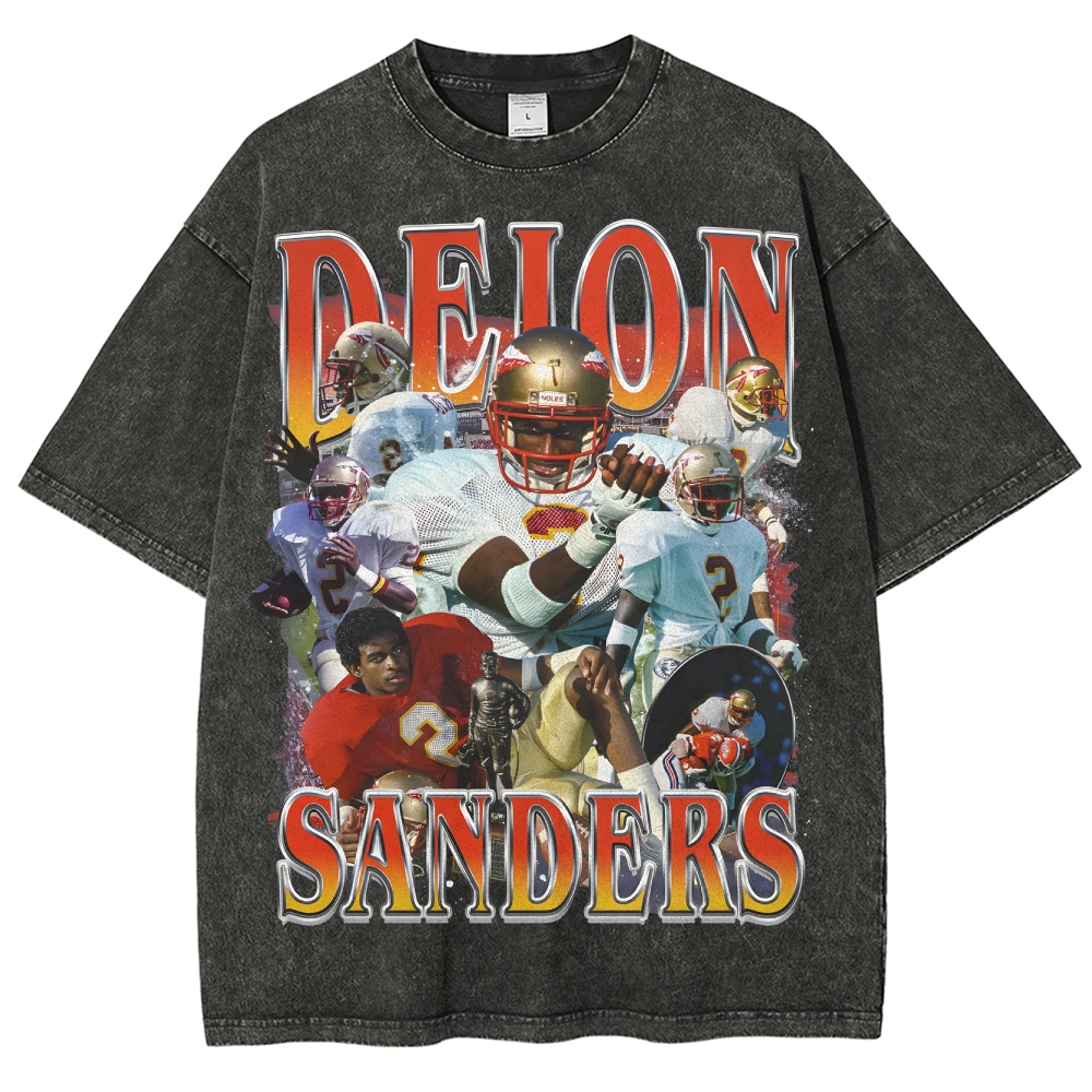 Men's Deion Sanders Retro Football Legend Graphic Vintage Washed Loose T Shirt