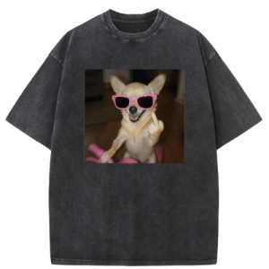 Men's Retro Washed Cool Chihuahua Puppy Print Streetwear Loose Fit Tee Shirt