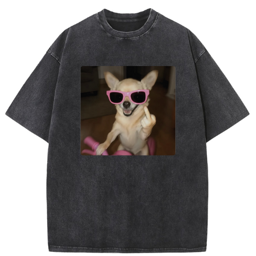 Men's Retro Washed Cool Chihuahua Puppy Print Streetwear Loose Fit Tee Shirt