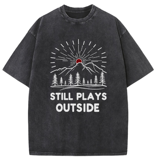 Men's Outdoor Mountain Still Plays Outside Retro Graphic Washed Cotton T-Shirt