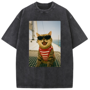 Men's Vintage Washed Funny Cat Sunglasses Graphic Casual Short Sleeve T-Shirt